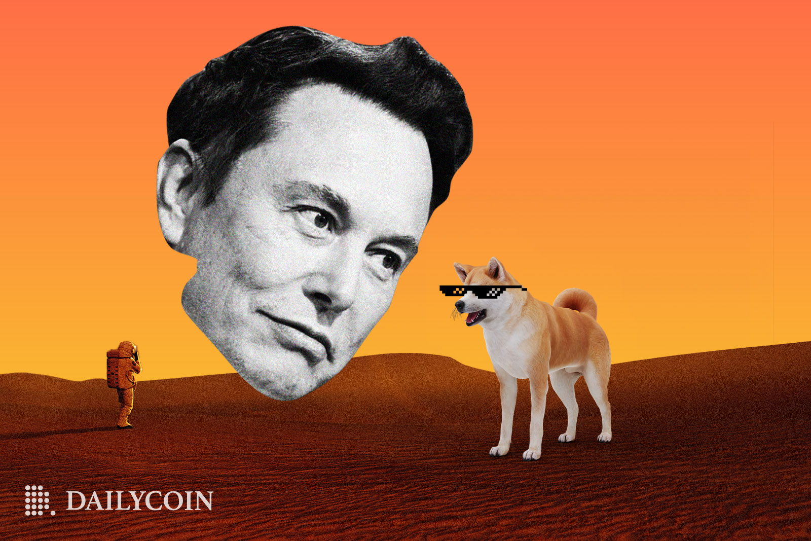 The face of Elon Musk staring at a Shiba Inu with sunglasses in desert.