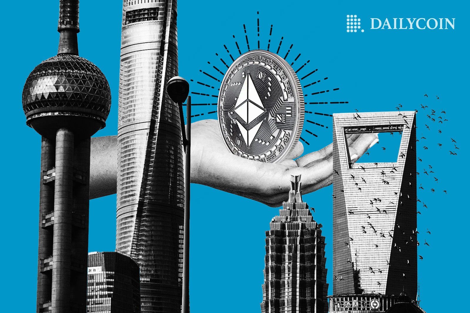 A human hand holding Ethereum crypto coin behind a tiny Shanghai.