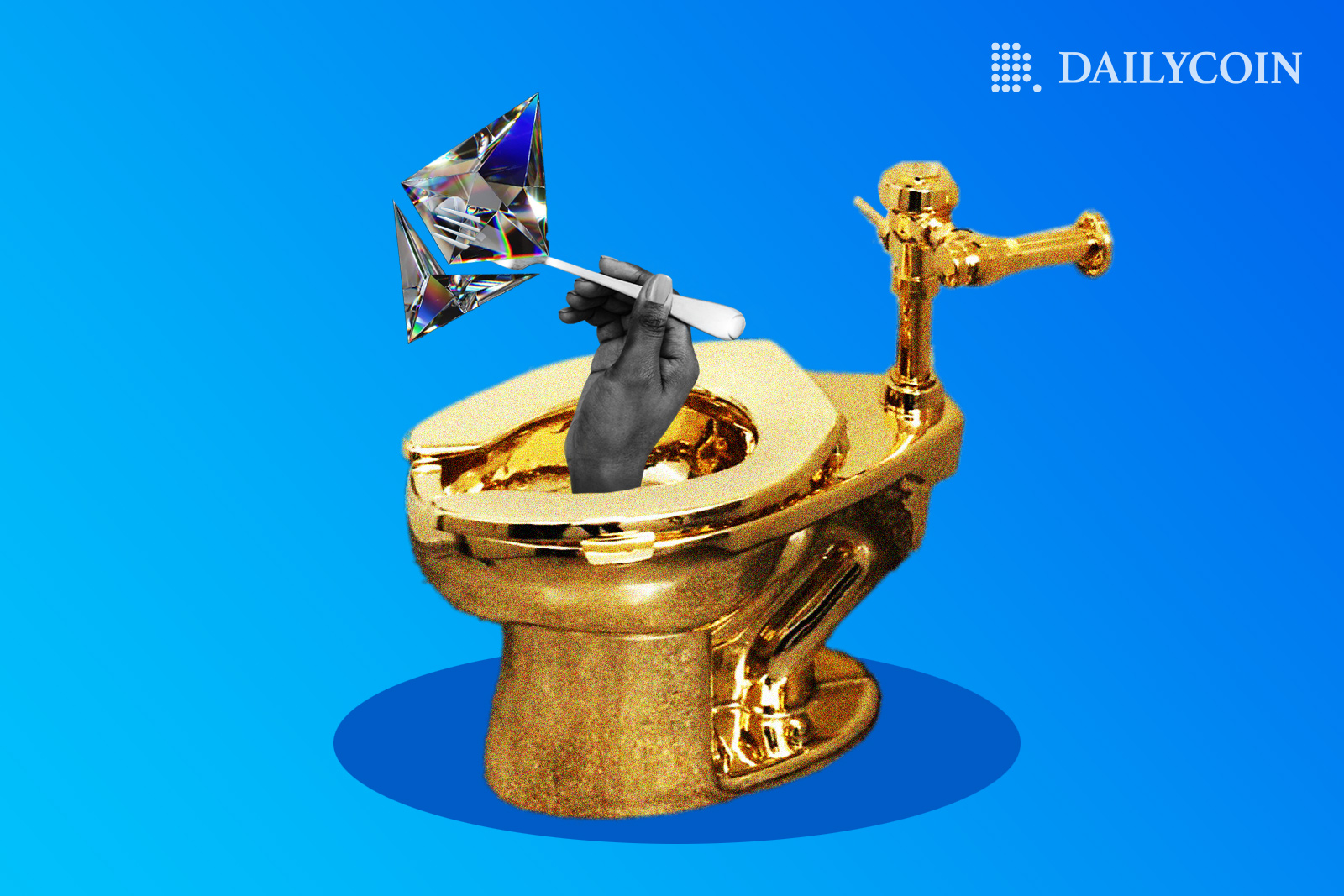 Gold toilet with a hand holding a fork with Ethereum logo.