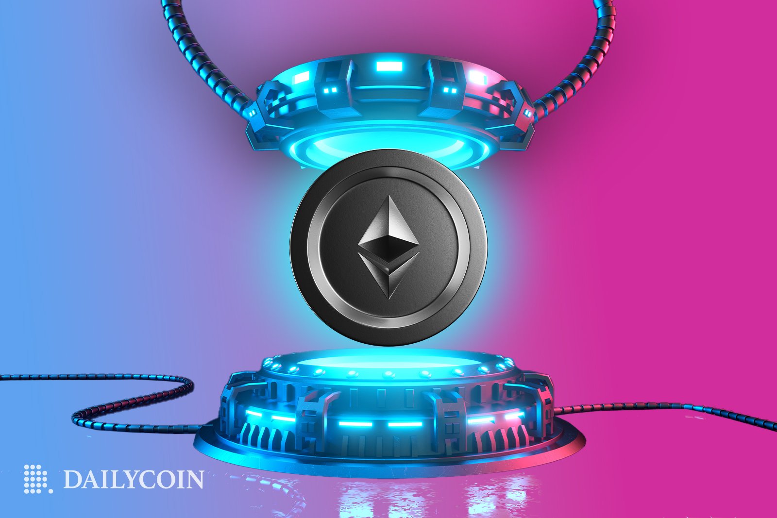 Crypto coin with Ethereum logo inside a futuristic machine.