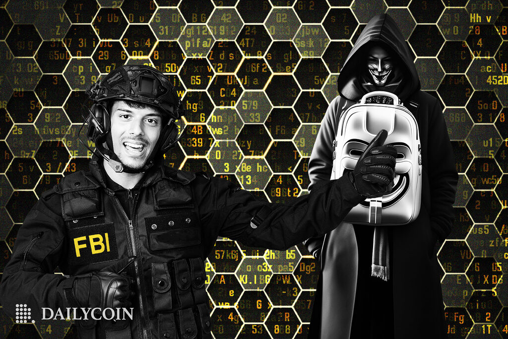 A man wearing an FBI vest smiles at an anonymous person within a hive background