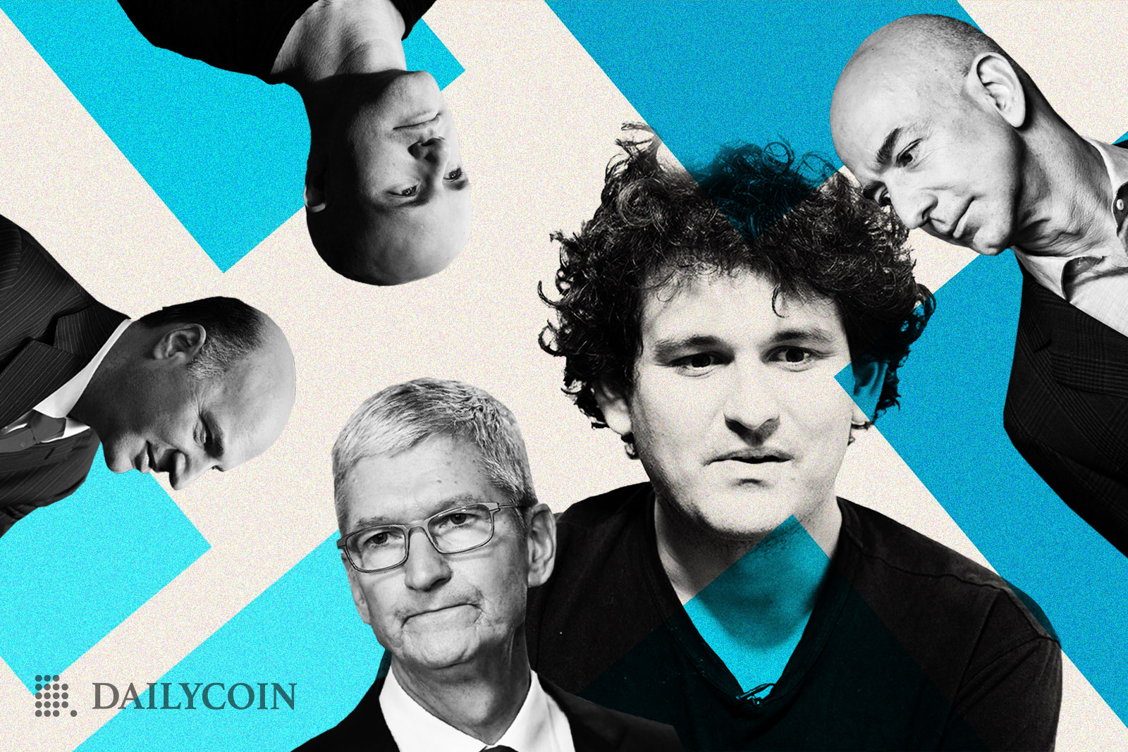 Illustration of SBF and Tim Cook, Jeff Bezos, Kevin O'Leary and Brian Amstrong.