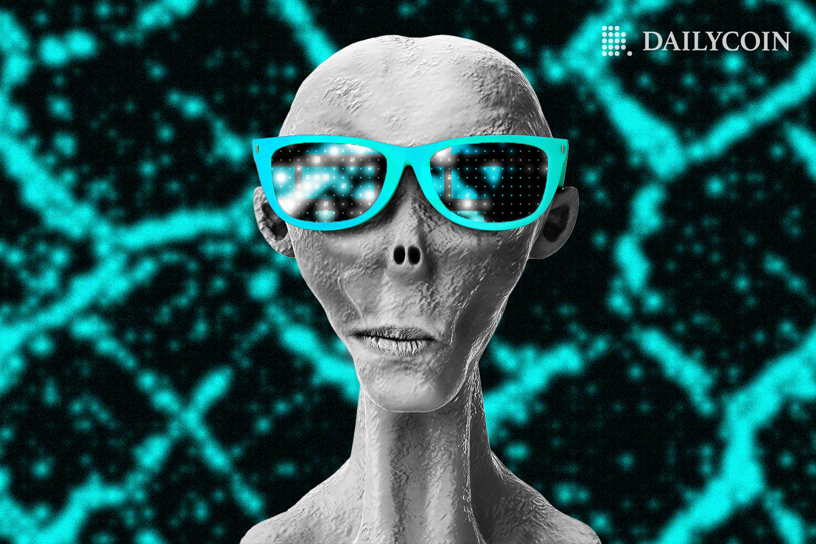 An Alien wearing blue hacker sunglasses.