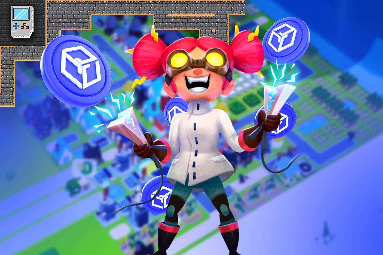 Game character with pink hair and a lab coat holding guns shooting tokens with Gala Games logo on them.