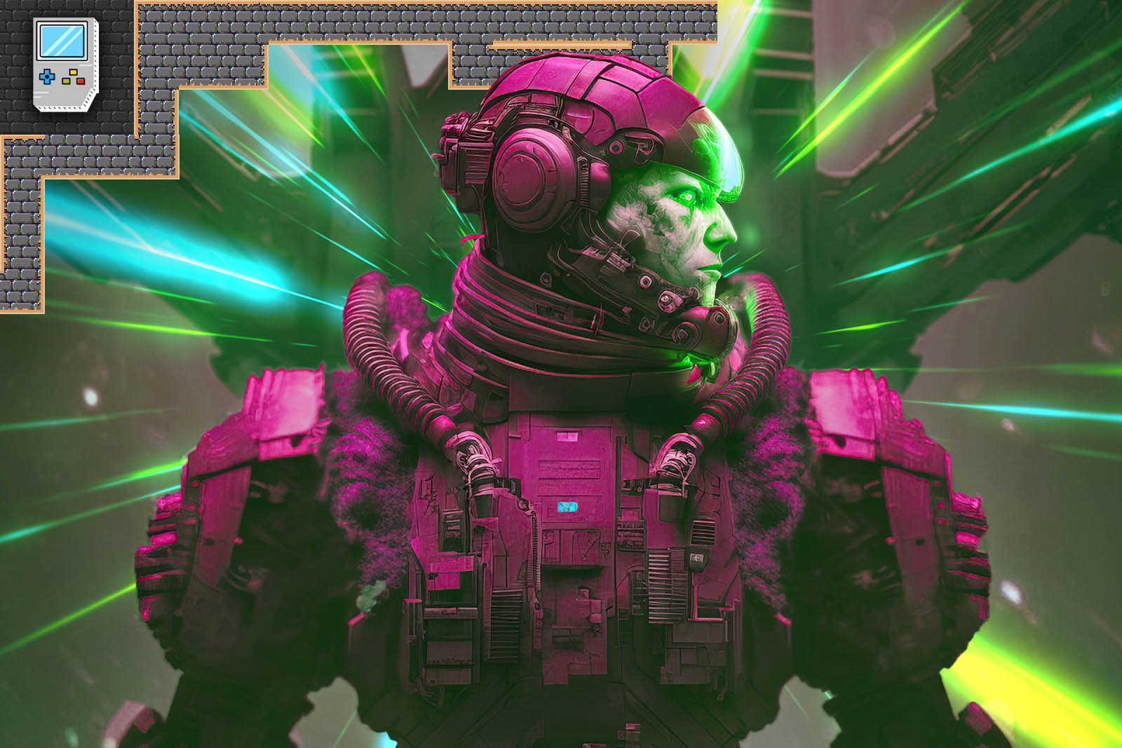 Game character wearing a pink futuristic suite looking at a side.