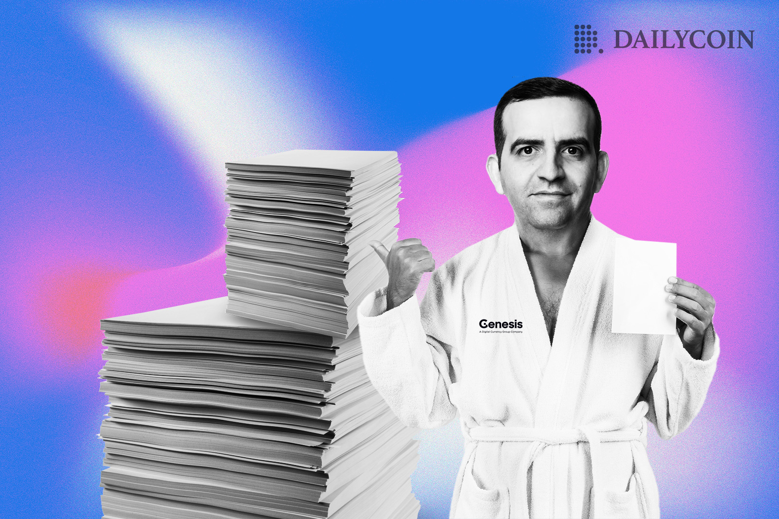 Derar Islim wearing a bathrobe with Genesis logo holding a white peace of paper next to a stack of documents.
