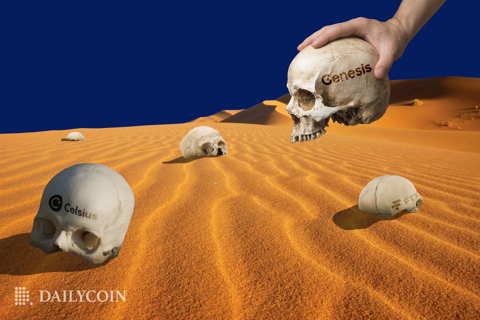A human hand picking up human skull with Genesis written on it from the desert.