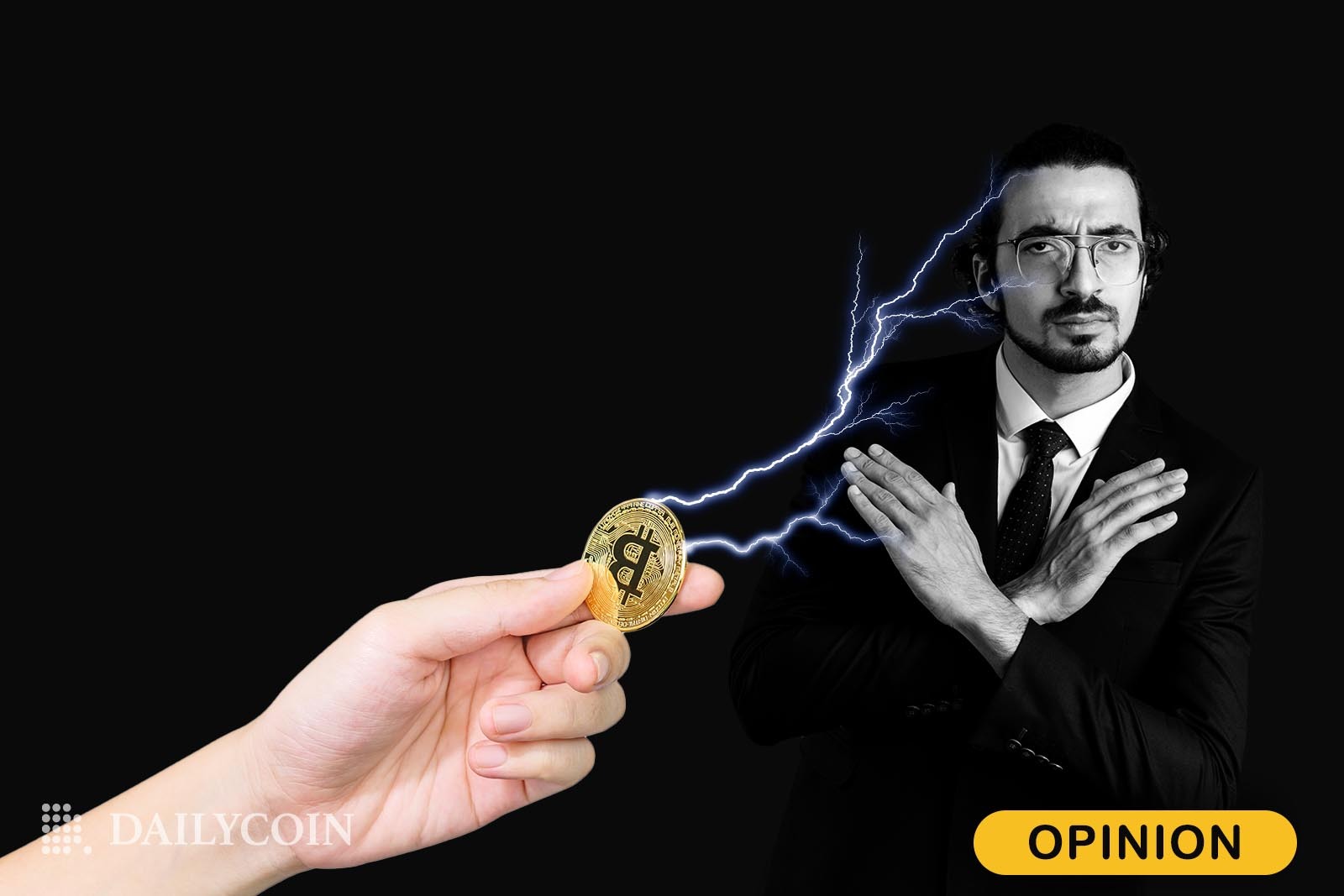 signature bank crypto article- the hand holds golden bitcoin coin and offers it to the man in the black background who refuses to take it