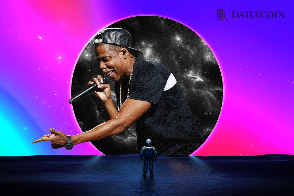 Rapper Jay-Z performing in a spatial portal.
