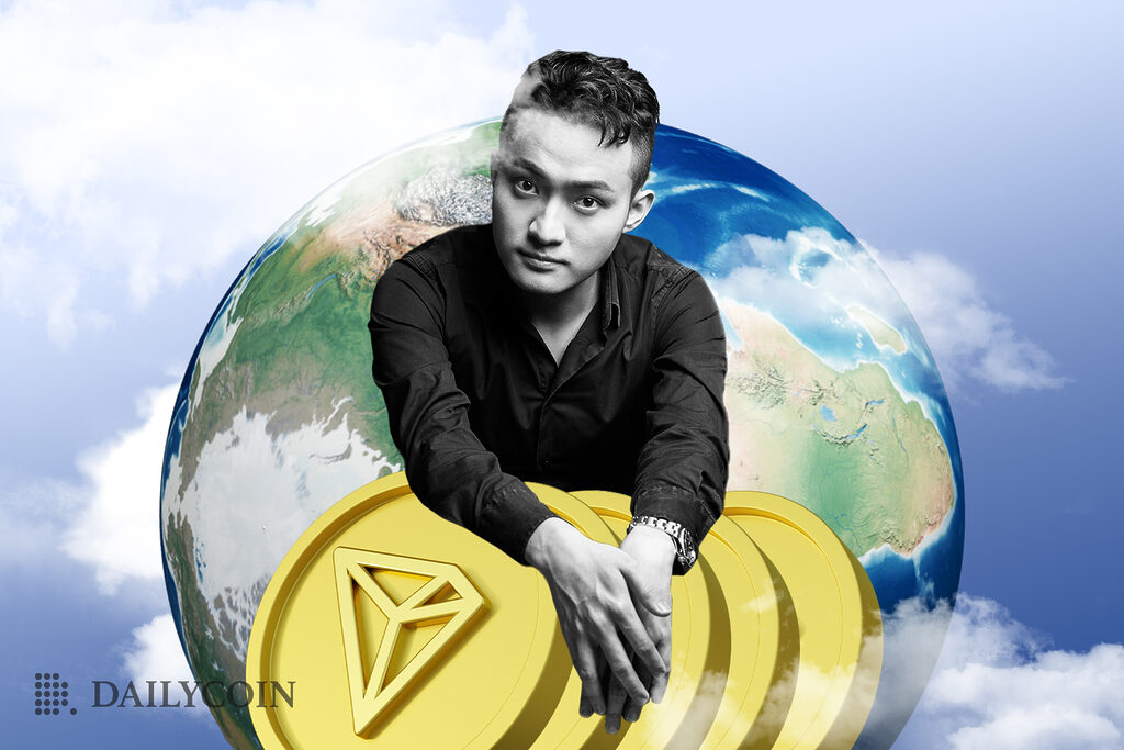 Tron founder Justin Sun sitting on top of the world, ready to dish out 5 coins to 5 lucky countries.