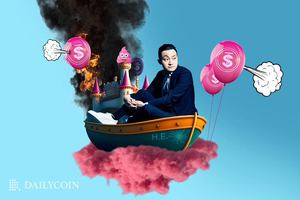 Justin Sun on a boat in the sky, riding on a pink cloud, propped up by deflating pink balloons with dollar signs, as a castle in the sky burns behind him.