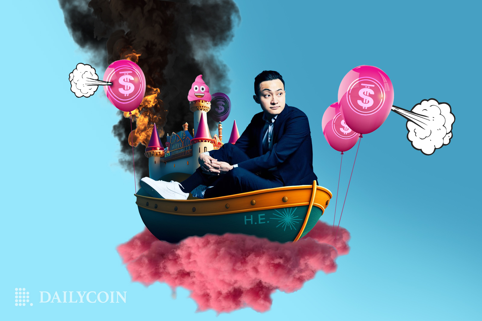 Justin Sun on a boat in the sky, riding on a pink cloud, propped up by deflating pink balloons with dollar signs, as a castle in the sky burns behind him.