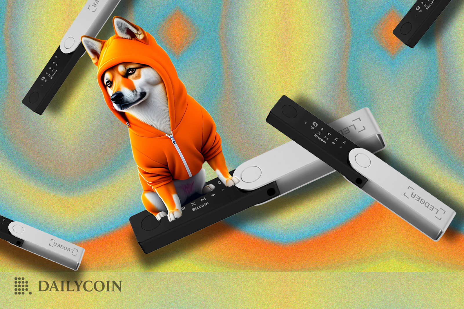 Shiba Inu dog in an orange tracksuit floating around on a hardware crypto wallet.