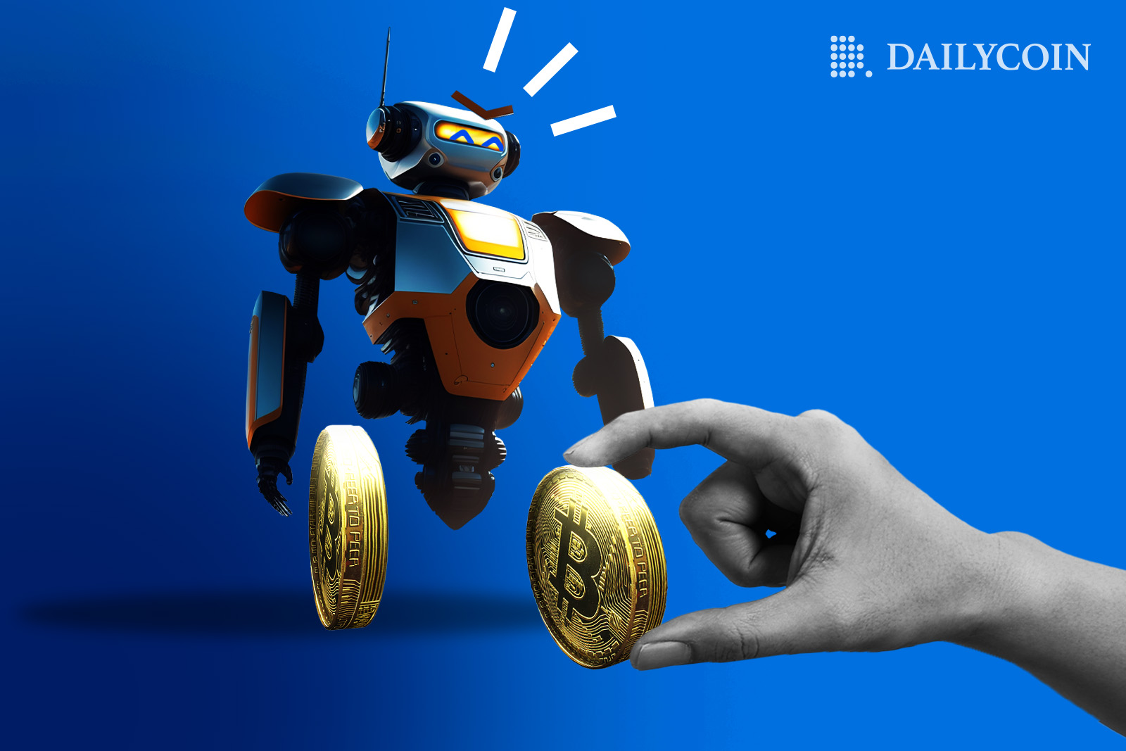 Tiny robot is given a Bitcoin crypto coin.
