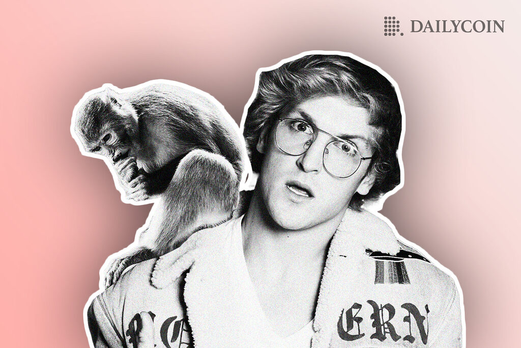 Logan Paul wearing glasses and a cap with a monkey sitting on his shoulder.