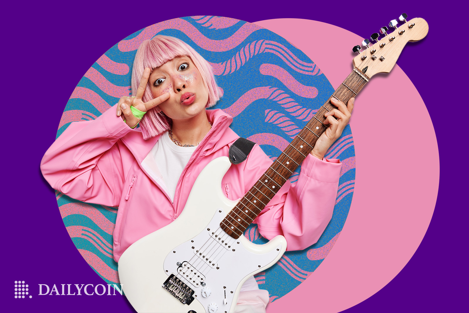 Girl with pink hair playing a white guitar.