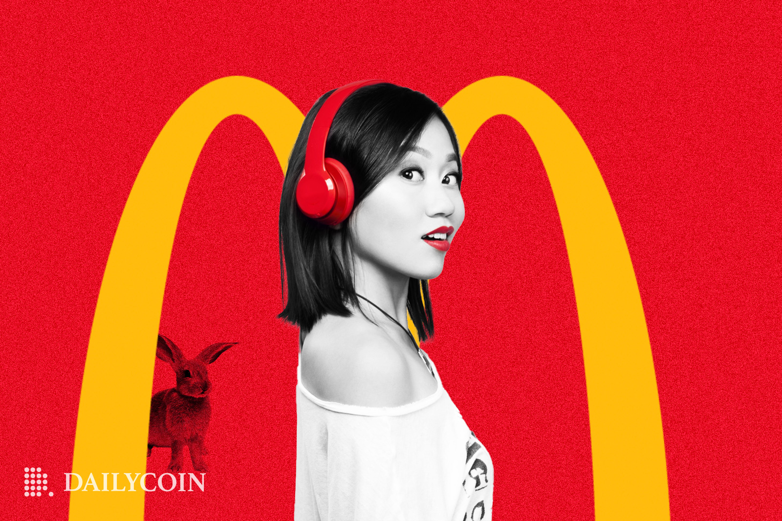 Karen X Cheng wearing red earphones in front of McDonald's logo and a rabbit symbolizing Lunar New Year.