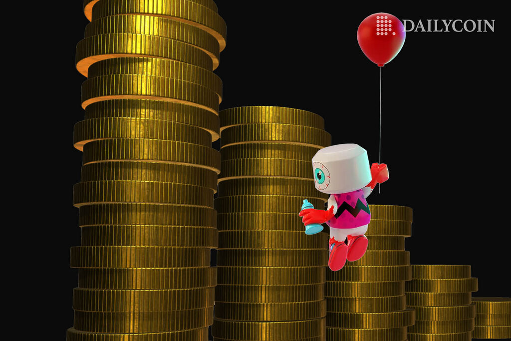 Figure holding a balloon hovering in air while looking at coins.