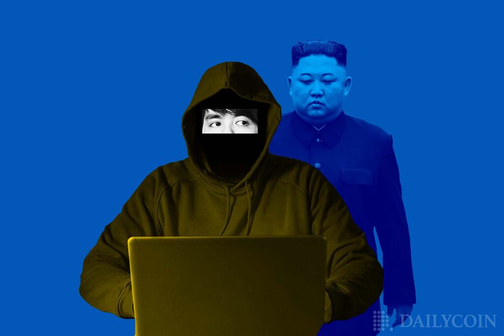 Kim Jong-un watching over a person with a hoodie on a computer