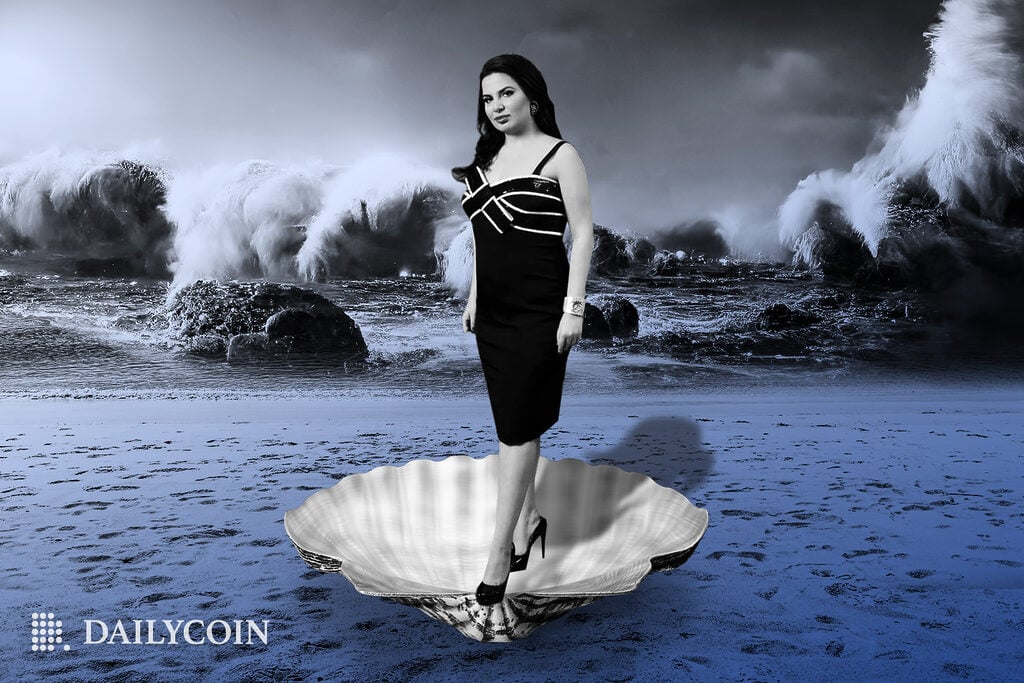 Ruja Ignatova standing on a seashell.