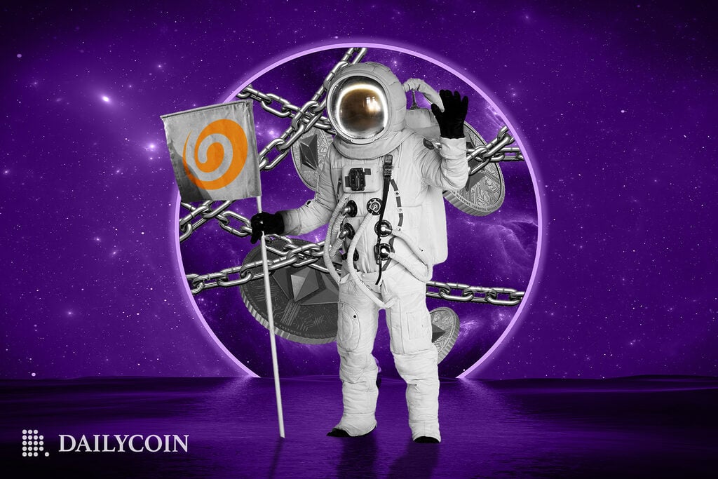 Man in a space placing a flag on the flor. There's a circular shape behind him, with images of crypto tokens and chains over them, symbolizing a safe vault for crypto.