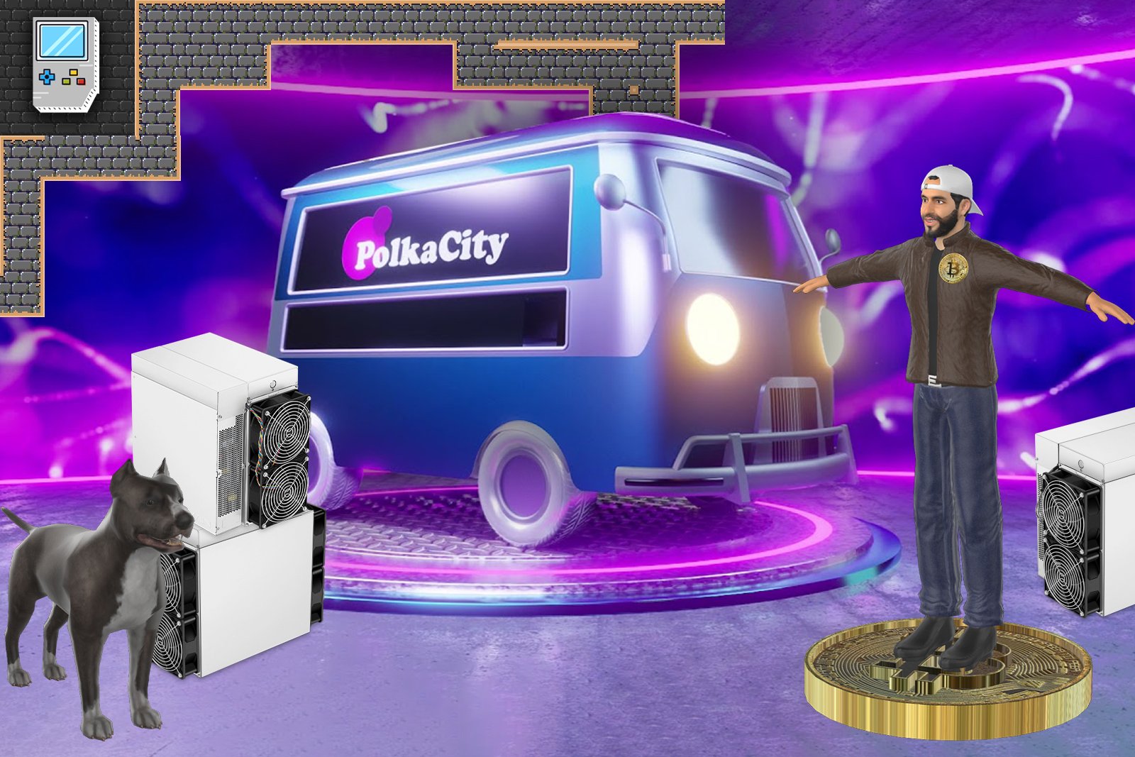 A blue cartoon van with Polkacity logo on it next to computers, dog and a cartoon man.