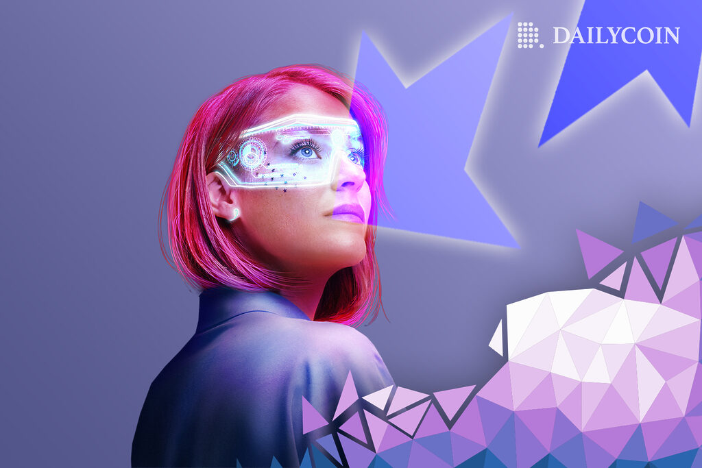 A Polygon symbolizing color purple hair girl wearing futuristic eyeglasses is looking up.