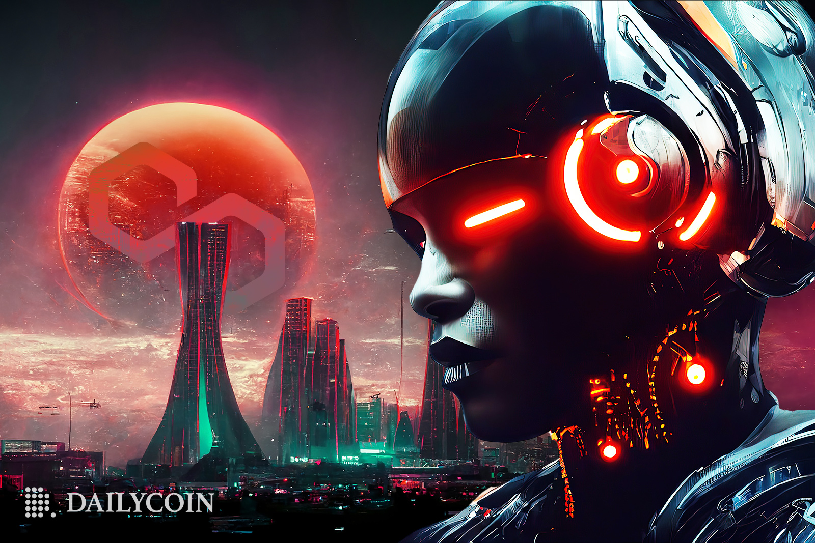 Robot in a futuristic city with Polygon logo at the background