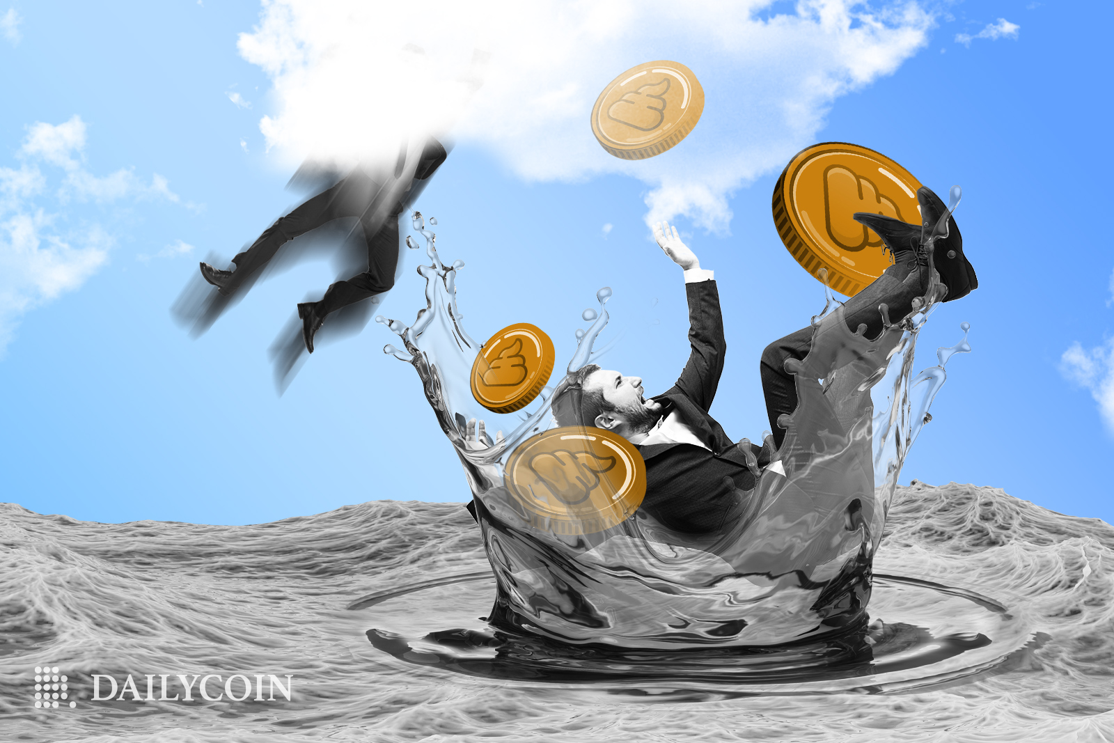 A person falling from the sky into the ocean alongside crypto coins, like in pump and dump scam.
