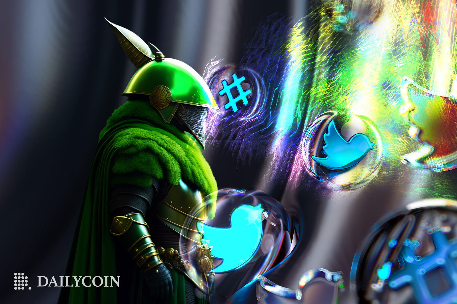 a warrior in a green suit with bubbles around with twitter.