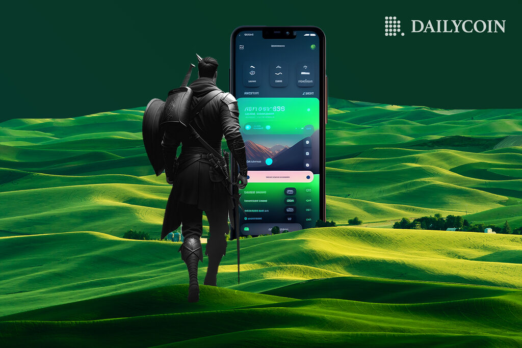 A modernized Robin Hood walks over vast green hills towards a giant smartphone displaying the new Robinhood trading app.