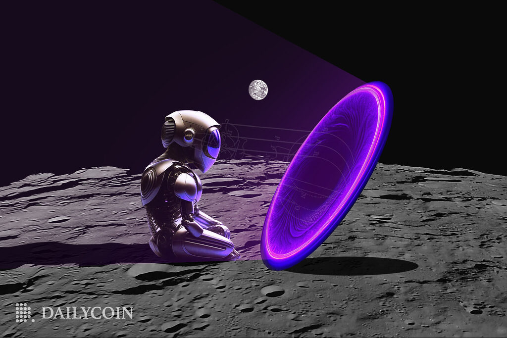 defi prediction market visual shows alien astronaut robot sitting on the moon surface looking at the violet portal.