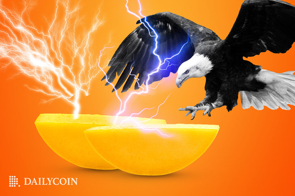 An eagle lands on two pieces of mango that have lightning going out of them