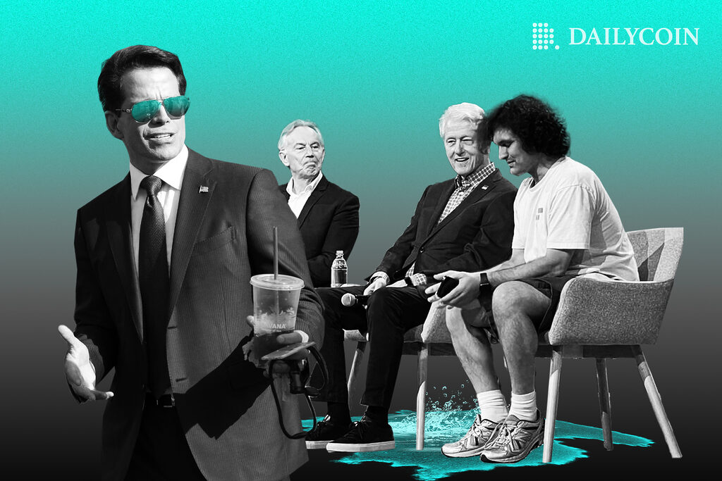 Anthony Scaramucci with sunglasses holding a drink with Sam Bankman-Fried, Bill Clinton and Tony Blair talking in the background at the Crypto Bahamas exclusive event.