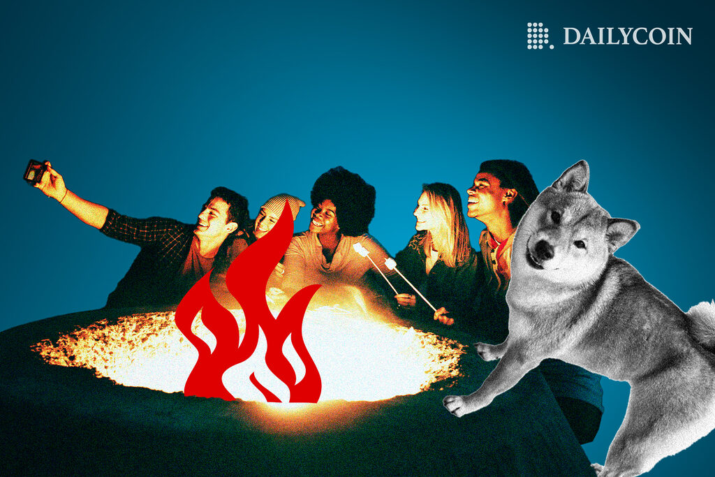 A group of people and a large Shiba Inu dog taking a selfie together in front of a lit bonfire.