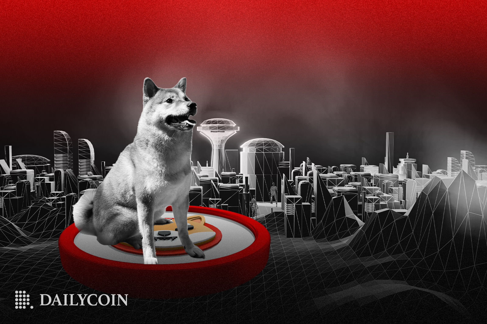 Shiba Inu sitting on a coin in front of a modern city in the metaverse