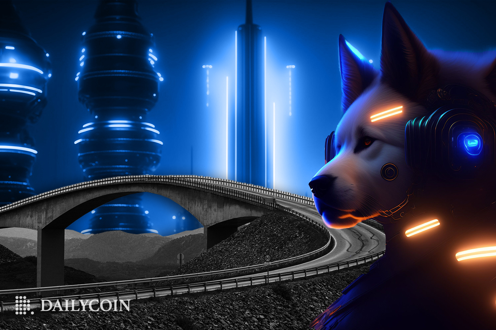Dog next to a bridge in a blue futuristic city.