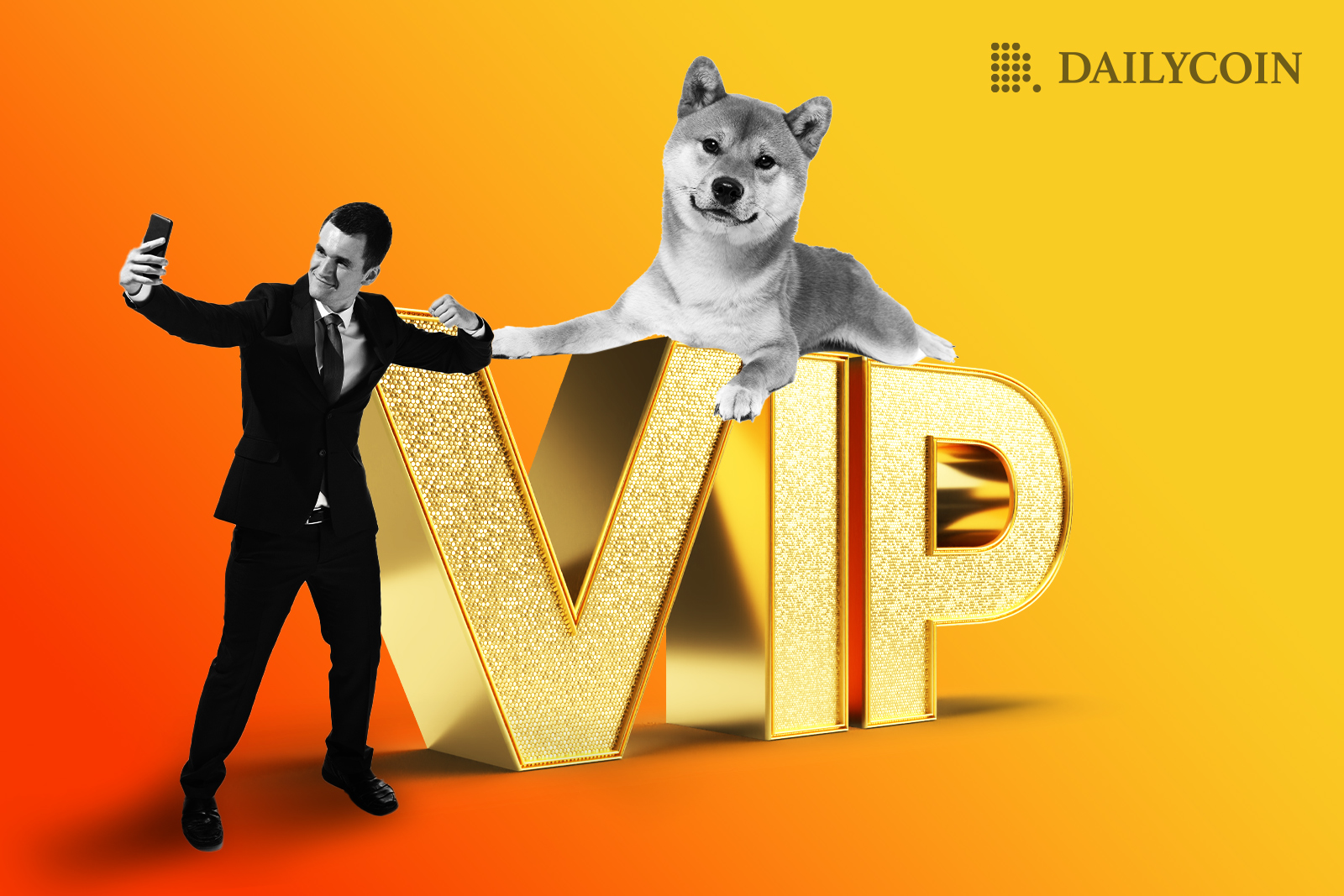 Shiba Inu on a giant VIP sign taking a selfie with a human