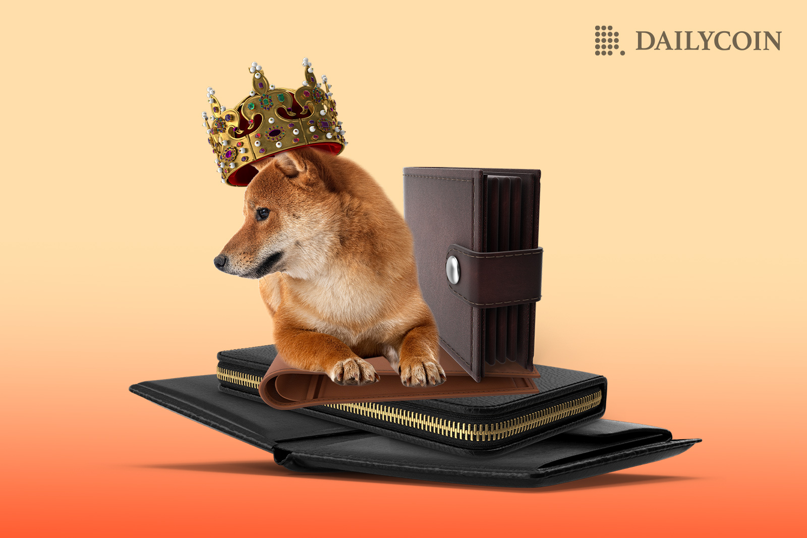 Shiba Inu wearing a crown sitting on top of crypto wallets.