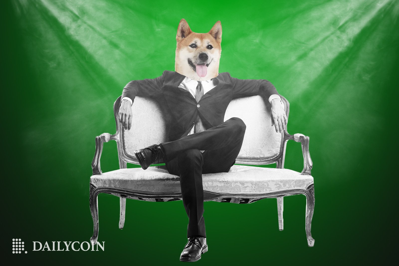 Shiba Inu wearing a costume sitting on a bench.