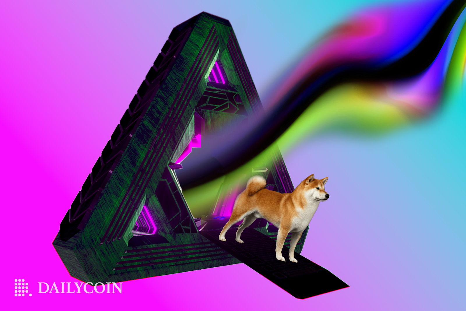 A shiba Inu dog stands on a black carpet next to a triangular portal. The portal is emanating rainbow-colored, blurred smoke from the center.