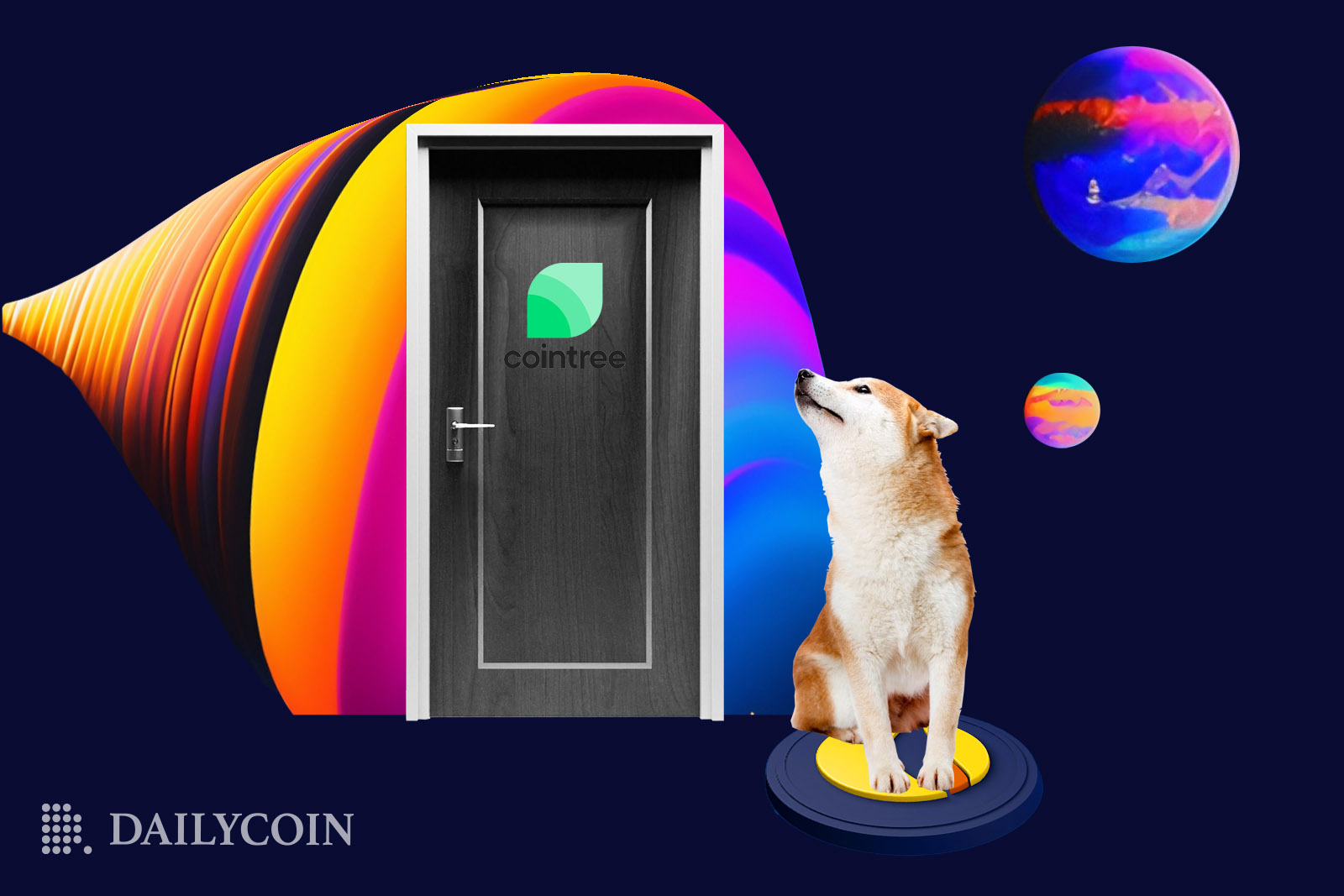 Shiba Inu shib in space looking at a black door wanting to get in.