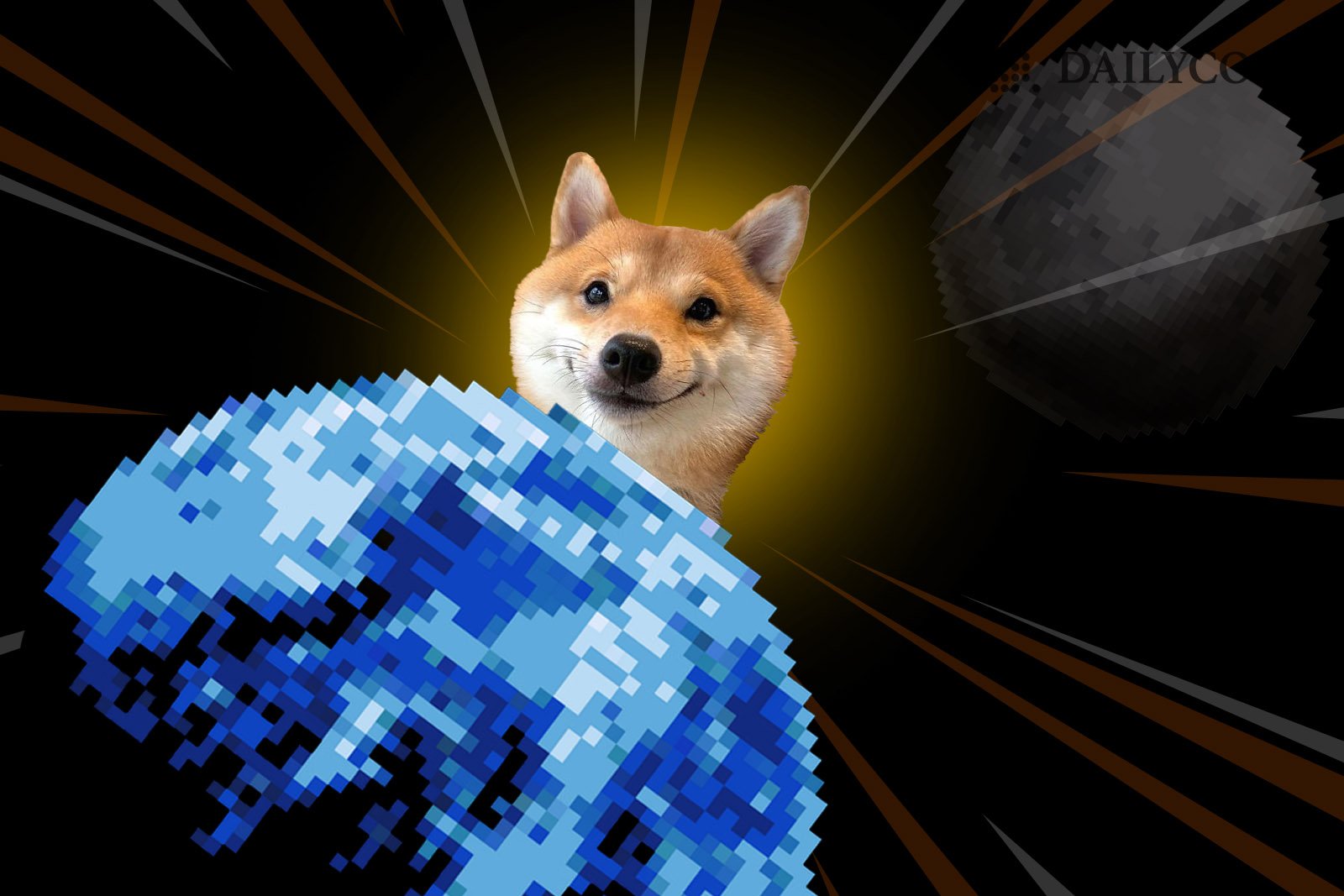 Shiba Inu behind a planet made from blue pixels symbolizing Shibarium.