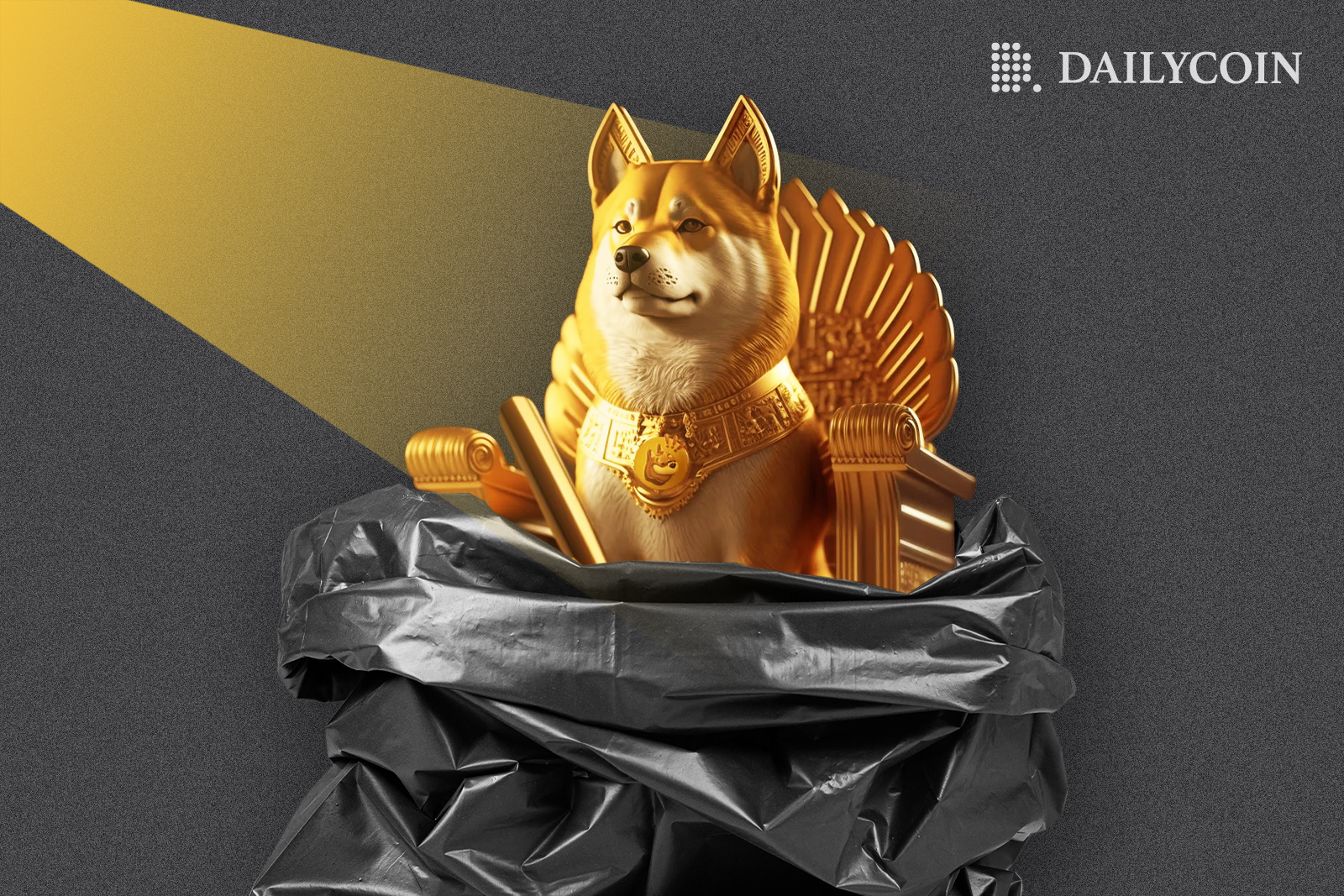 Golden statue of Shiba Inu dumbed in a trash bag,