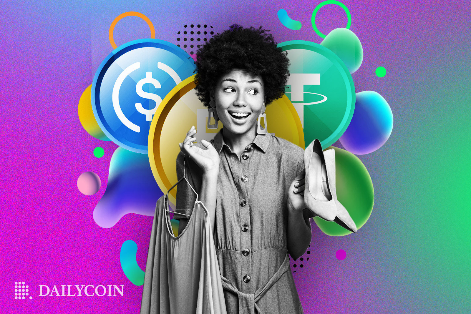 Woman shopping in front of a background of stablecoins.