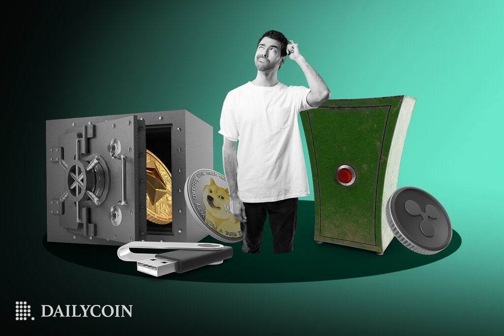 Man scratching his head safes with crypto coins in it.