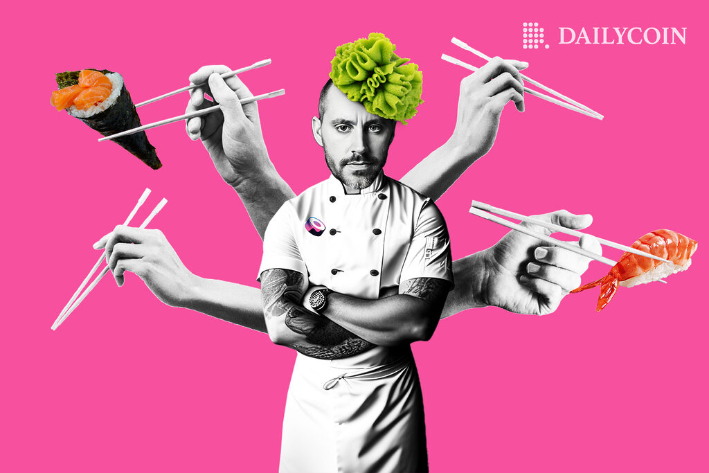 On a pink background, SushiSwap CEO Jared Grey stands in a chef's uniform with wasabi for hair. From his back come four arms holding chopsticks and different sushi rolls.