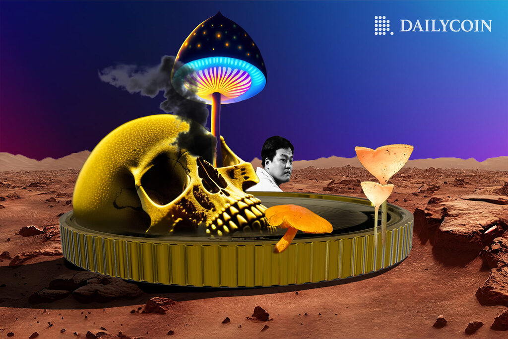 Do Kwon hiding behind a crypto coin with human skull on top of it and mushroom growing out of it.