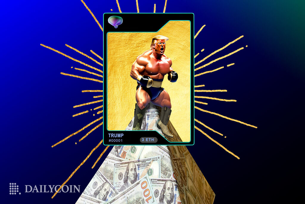 Buff Donald Trump with boxing gloves on top of a money pyramid is getting ready to fight.