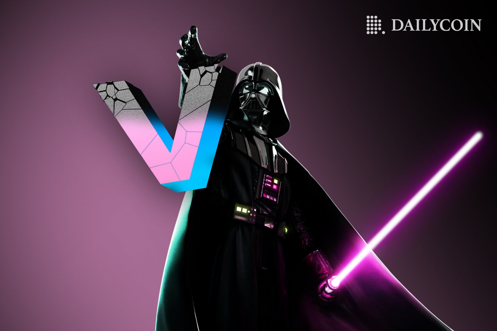 Death Vader holding a pink lightsaber dropping down a giant Vader logo.